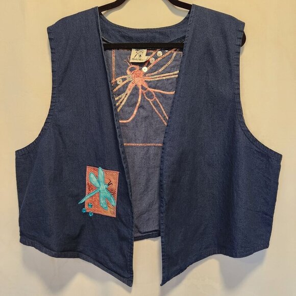 Vintage Alfredo's Wife Denim Vest Women's‎ XL Dragonfly Applique W/Rhinestones - Picture 1 of 7